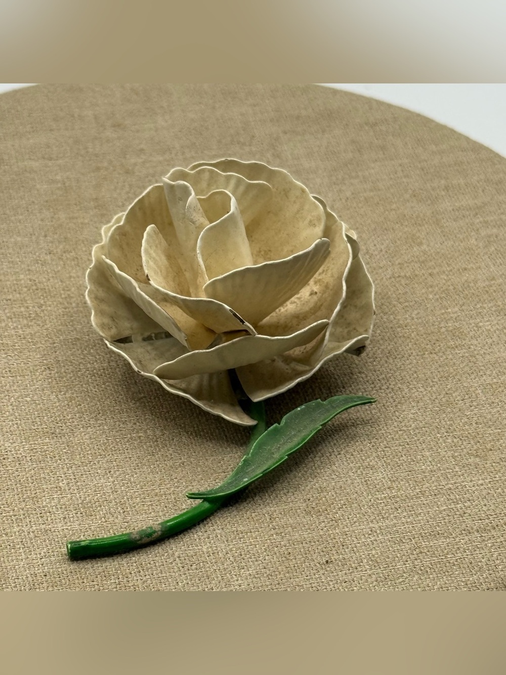 Handcrafted Cream enamel Metal Flower Accent with Green Stem